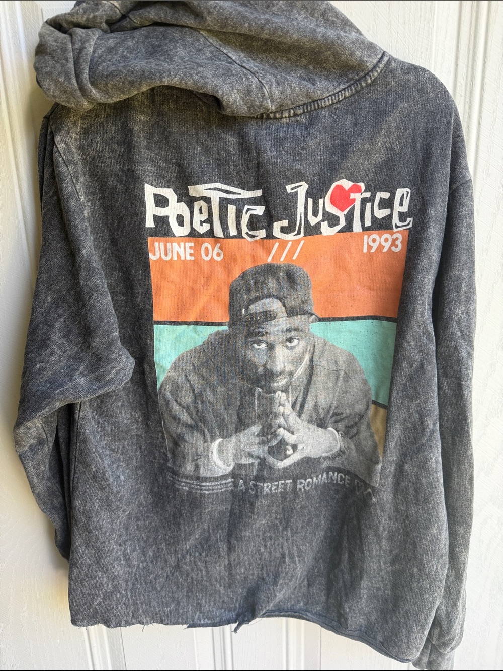Tupac Poetic Justice Acid Wash Hoodie Graphic Sweatshirt Distressed Hem Size M - Picture 2 of 7